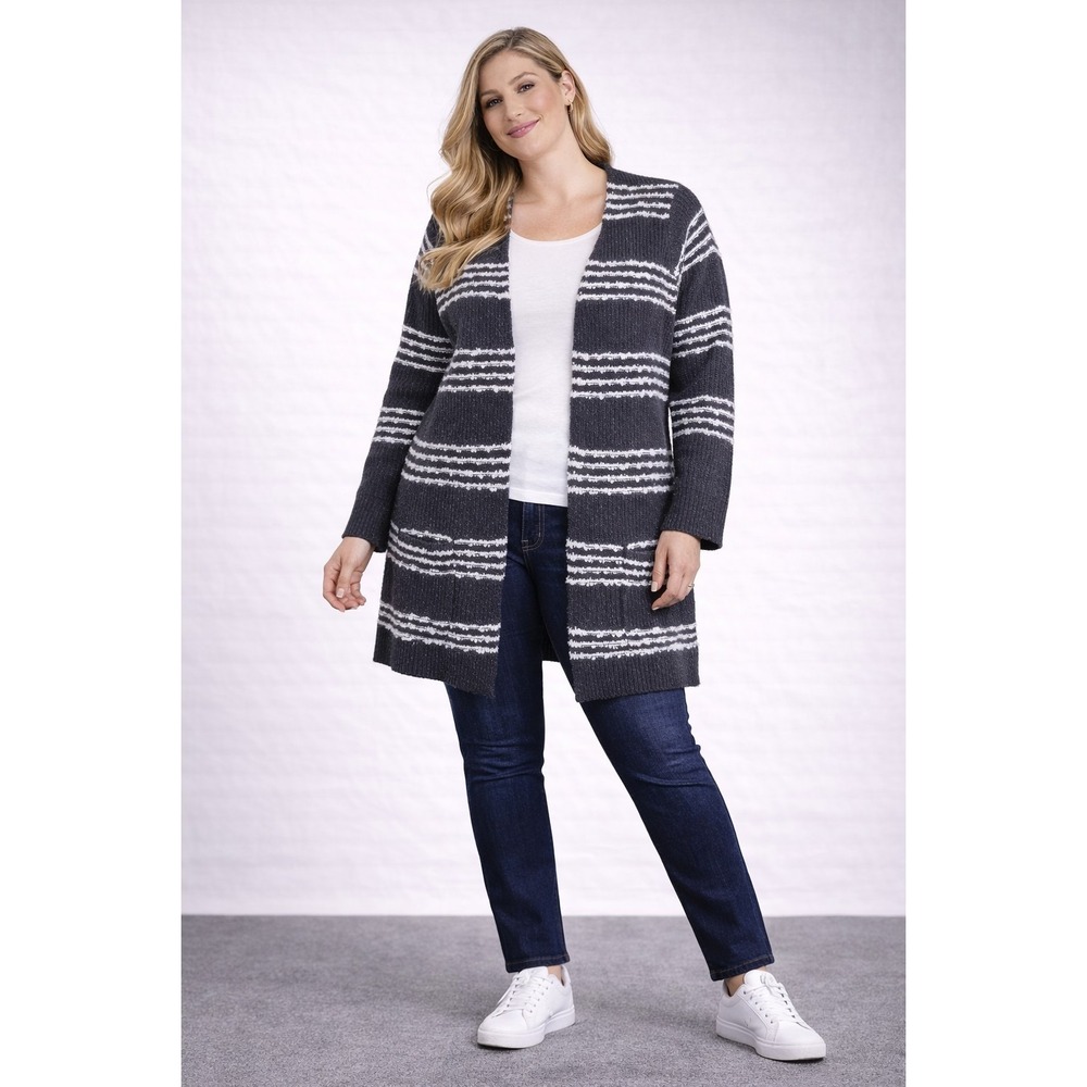 Pink Clover Open Front Cardigan Cozy Sweater Size Small White‎ Gray Stripe